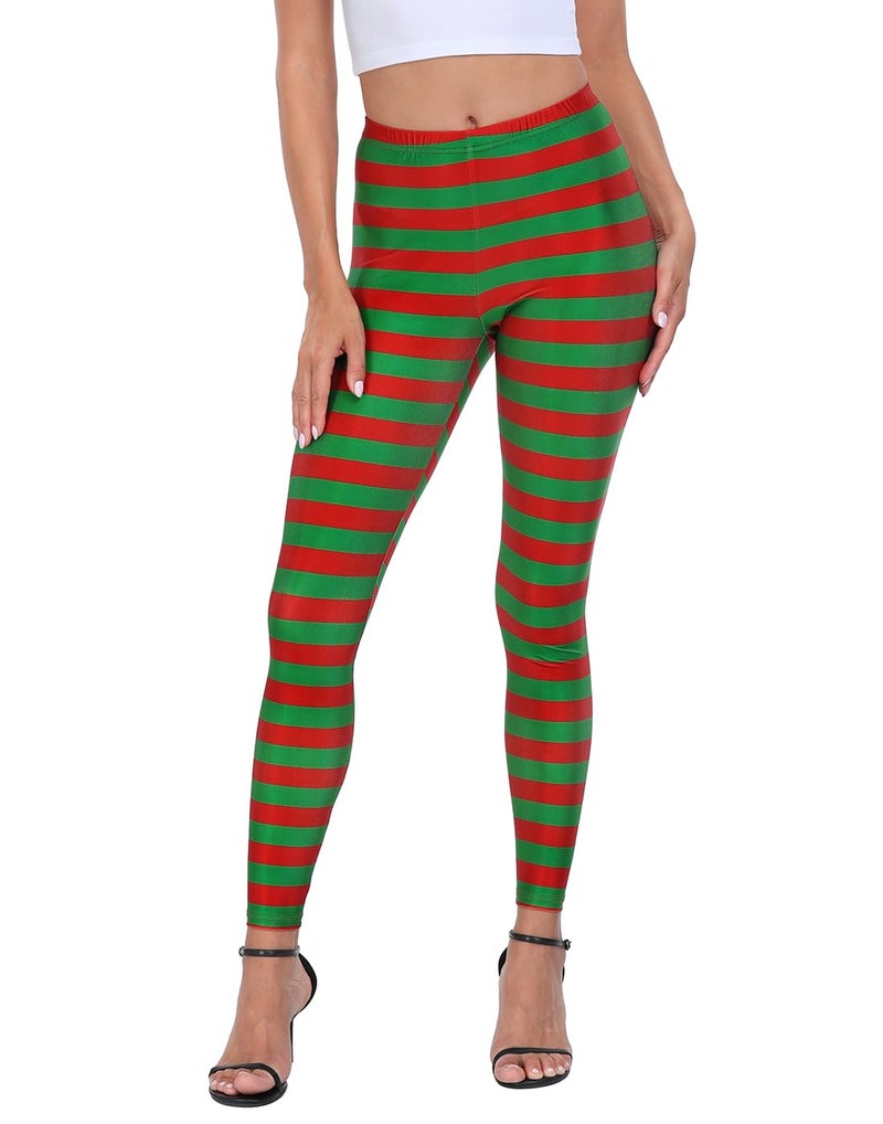 HDE Trendy Design Workout Leggings - Fun Fashion Graphic Printed Cute Patterns Red & Green Holiday Stripes - XXL - Image 1